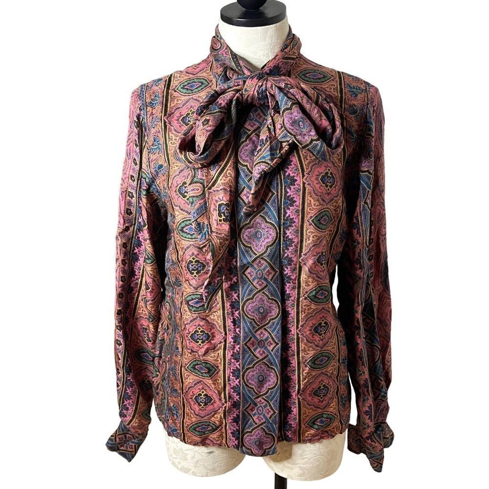 Vintage Womens Bow Blouse Size 6 Pure Rayon Button Front Neck Tie Matte Finish